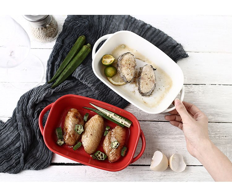 Oval Ceramic Binaural Baking Tray Home Soup Plate Red and White High Temperature Resistant Baked Rice Plate