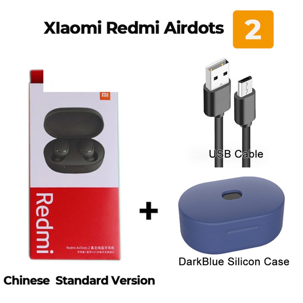 Original Xiaomi Redmi AirDots 2 auriculares Bluetooth 5,0 estéreo bajo Eeadphones Mic manos libres auriculares AI Control auriculares: Add USB blue case