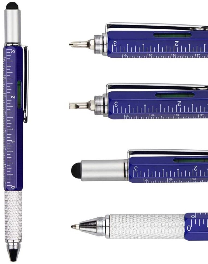 Multi Tool Pen 6 In 1 Metal Tech Pen With Ruler Level Screwdriver Condenser Tip Refillable Bubble Level and Ruler Ballpoint pen: Blue
