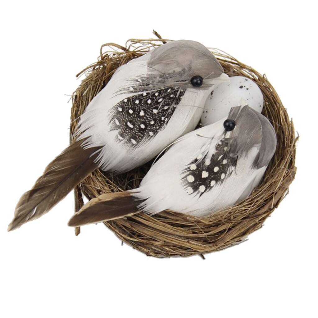 Pájaros artificiales pequeños hechos a mano, nido de paja con huevos, decoración de jardín