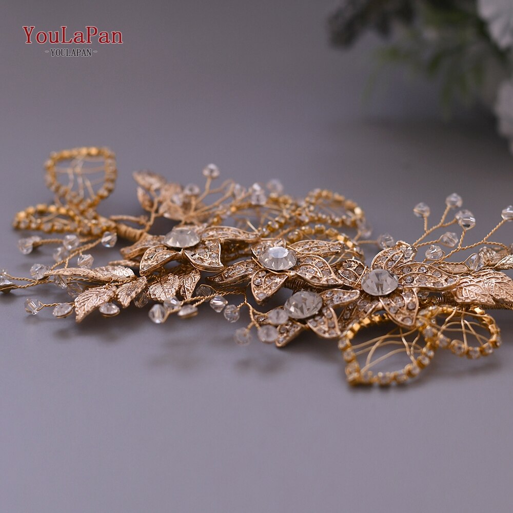YouLaPan, cinturón Floral con diamantes de imitación, cinturón dorado para mujer, cinturón brillante, cinturones de boda para señora, cinturón nupcial con flores doradas SH282
