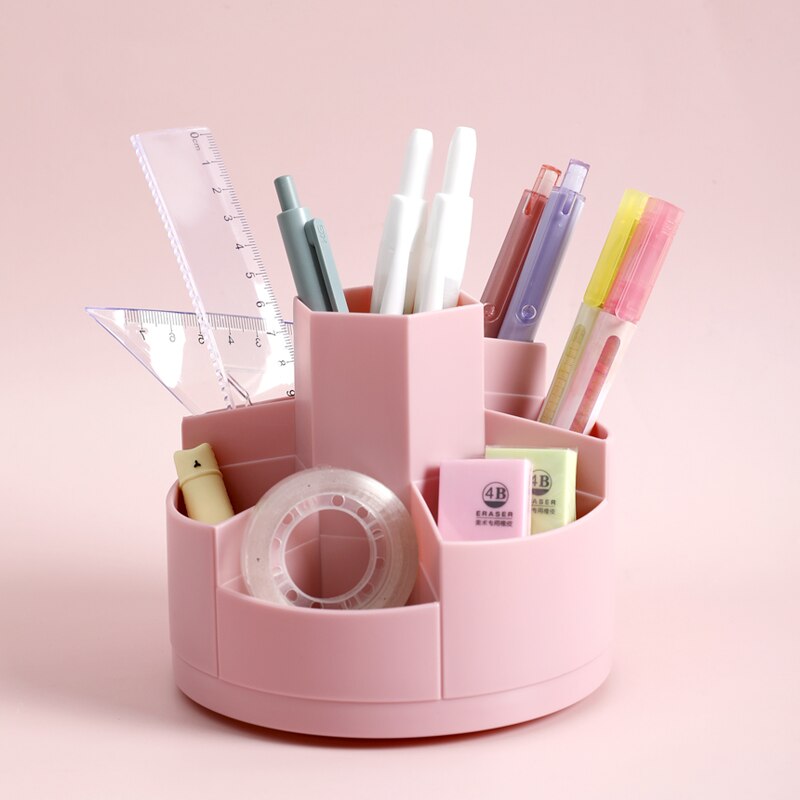 Portalápices giratorio, organizador de escritorio, caja de almacenamiento de plástico para bolígrafos, papelería para la escuela y la Oficina: pink