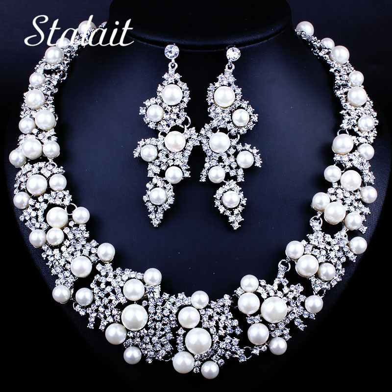 Charmante Bruid Verse Parel Sieraden Set Strass Kettingen Stud Oorbellen Set Luxe Kostuum Sieraden Accessoire Voor Vrouwen