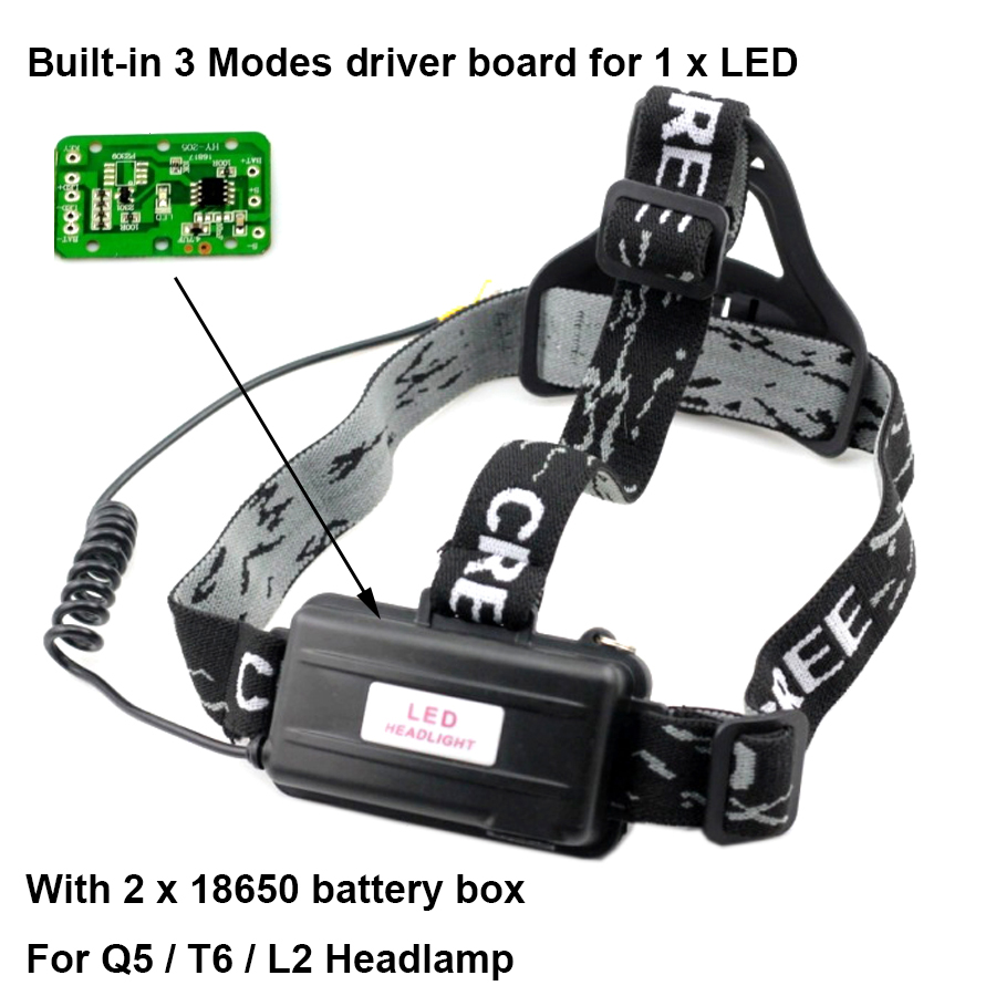 Adjustable Head Strap LED Flashlight Headlamp Headlight Headband Elastic Head Belt Band with 3 Mode Driver and 18650 Battery Box
