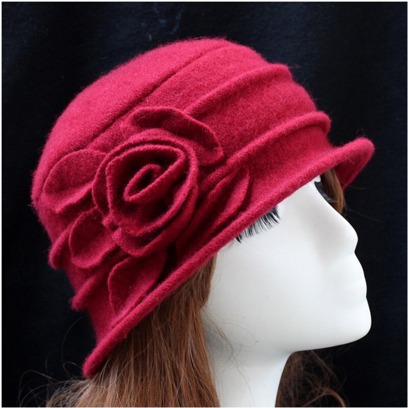 Women Flower Cloche Hat Soft Warm 100% Wool Rose Leaves Nostalgia Style Winter Vintage Felt Wide Brim Hats