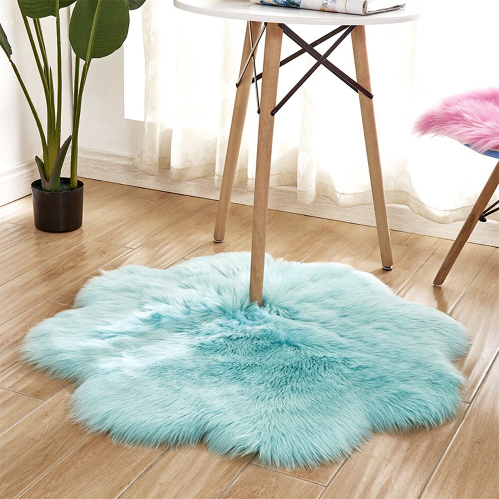 Alfombras de cuero de oveja rosa, Alfombra de lana de piel sintética suave antideslizante con forma de flor en ángulo, alfombras modernas para sala de estar: blue