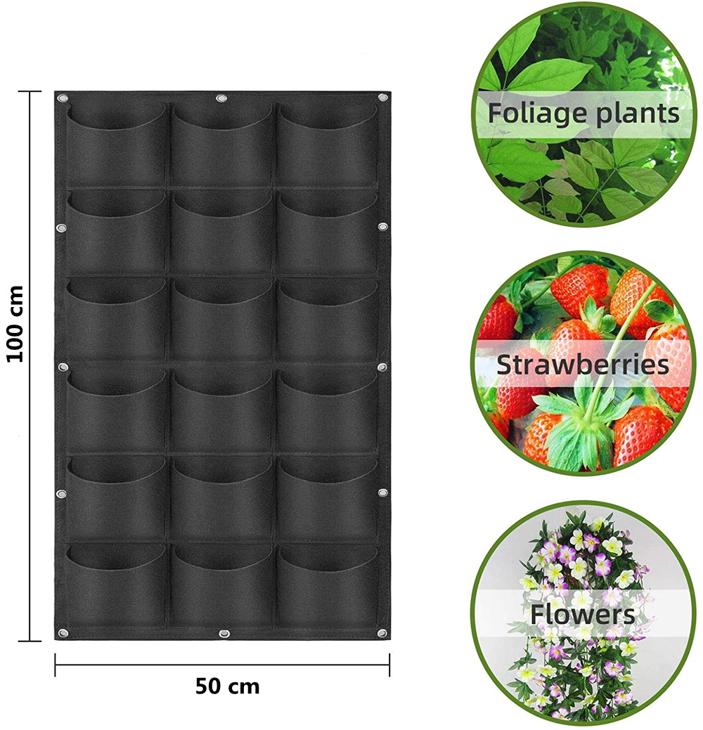 Bolsas de cultivo Vertical de bolsillo, bolsa colgante para plantar en la pared, contenedor para cultivo de flores, bolsillo para decoración del hogar, 6/7/9/18: 18 pocket black