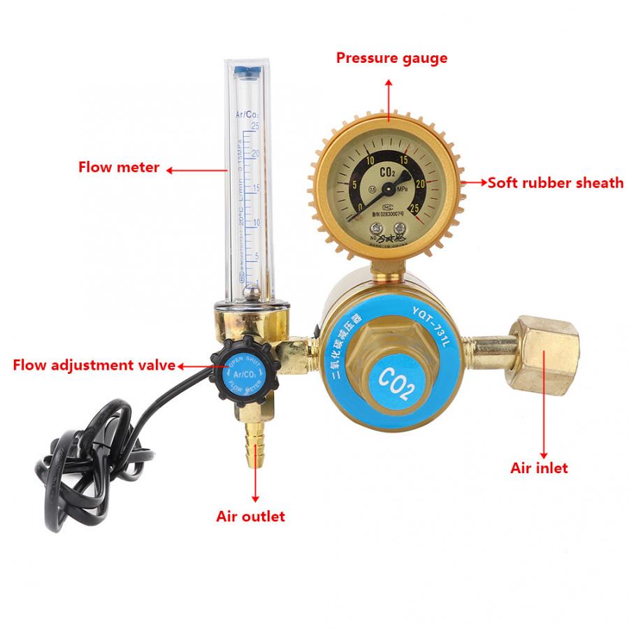 CO2 Regulator Pressure Regulator Carbon Dioxide Pressure Reducer Heated Pressure Gauge CN Plug Gas Reducer Pressure Measurement