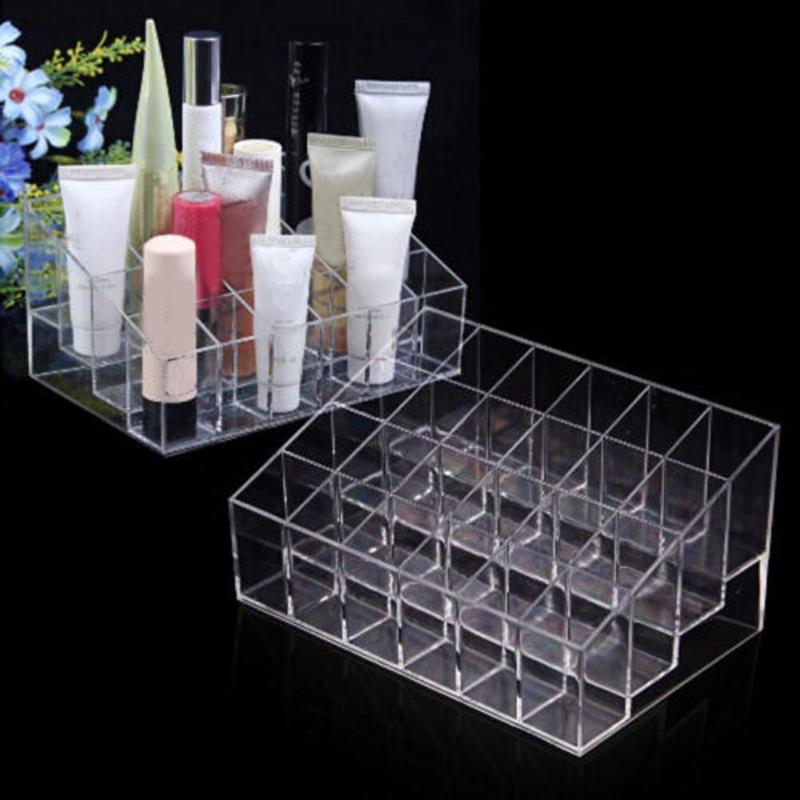 Klar akryl 24 gitter makeup arrangør opbevaringsboks læbestift neglelak display stand holder kosmetiske smykker arrangør æske