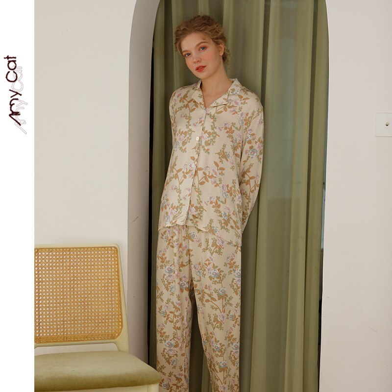 Spring Natural Cotton Pajamas Female Star and Moon Print Pijamas Women Cotton 2 Piece Set Women Huispak Vrouwen: Leaf Set / M