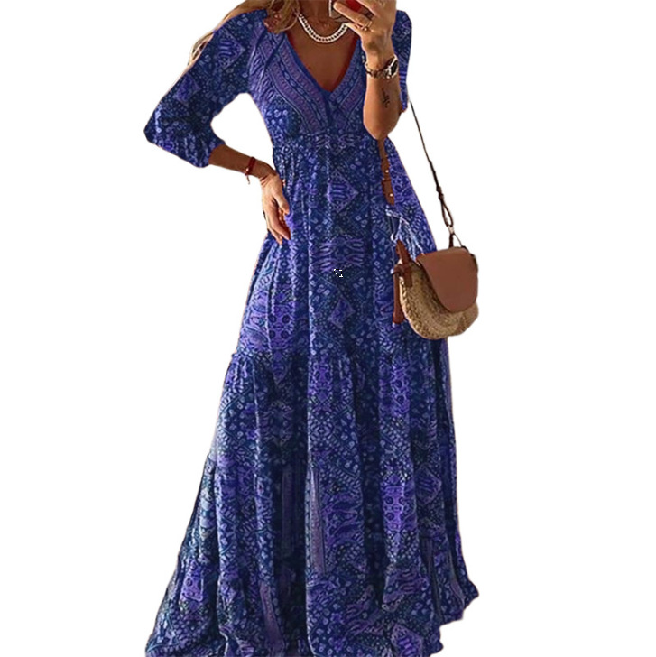 Robe longue à manches 3/4 pour femme, style bohème européen et américain, taille haute, col en V, imprimé fleuri fragmenté,