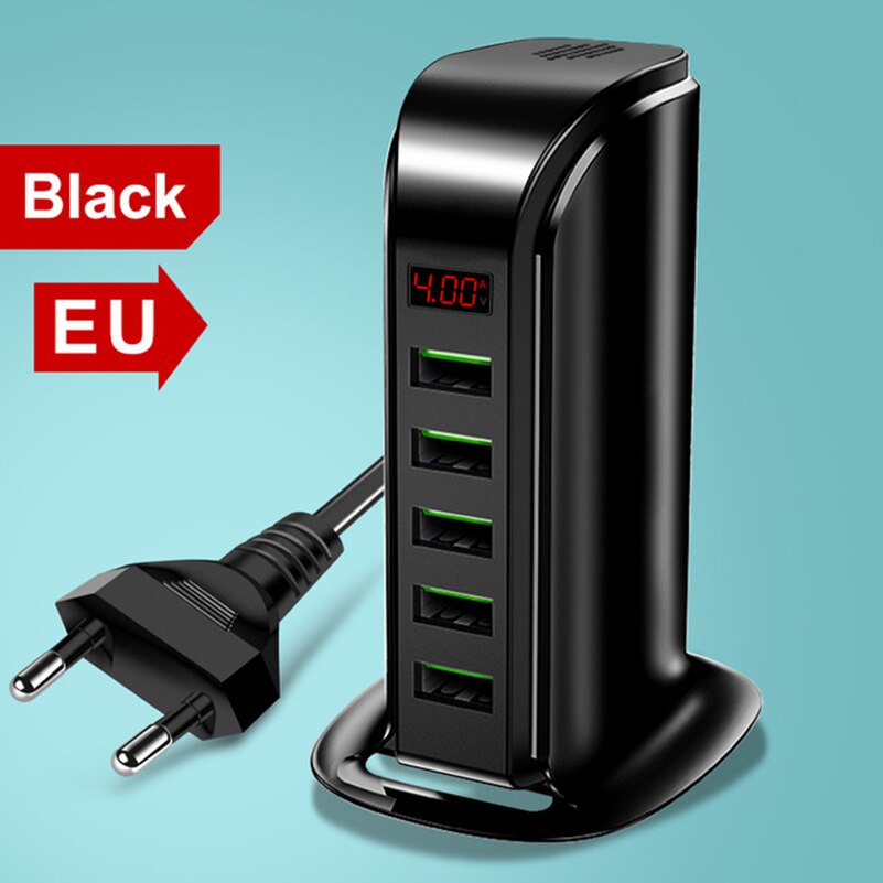 5 port usb oplader hub led display multi usb opladningsstation dock universal mobiltelefon desktop væg hjem os eu uk plug: Sort (eu)