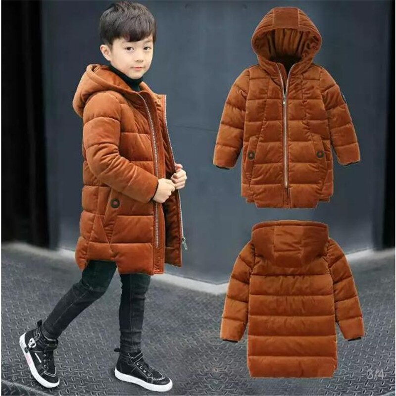 Winter Gold Velvet Jacket For Boys Korean Version Coat Hooded Thicken Mid-Length Handsome Children's Clothing