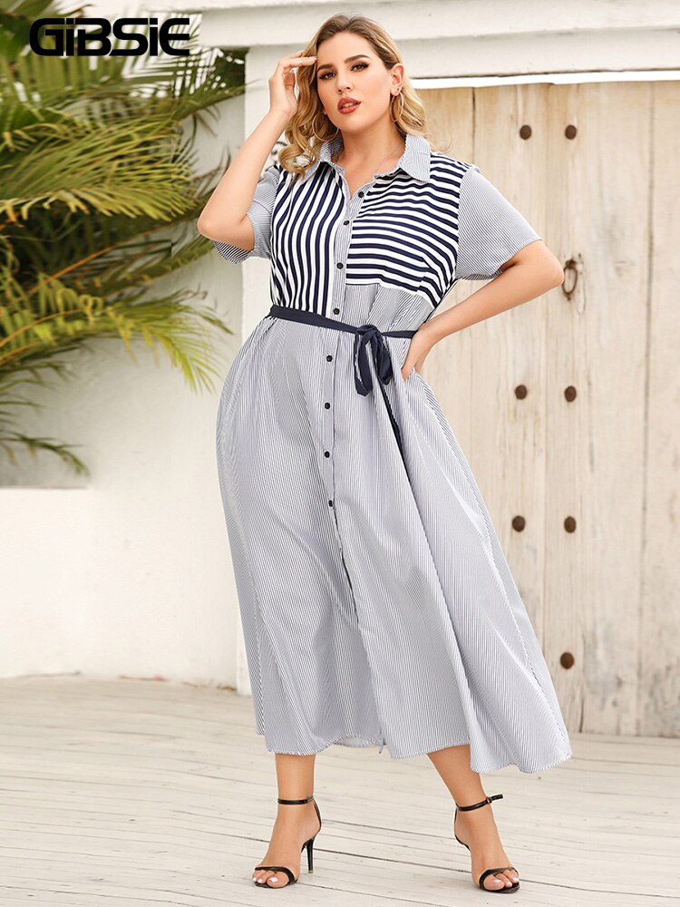 GIBSIE Striped Color Block Belted Shirt Dress Women Summer Short Sleeve A-line Casual Dresses Plus Size Office Maxi Long Dress: 4XL
