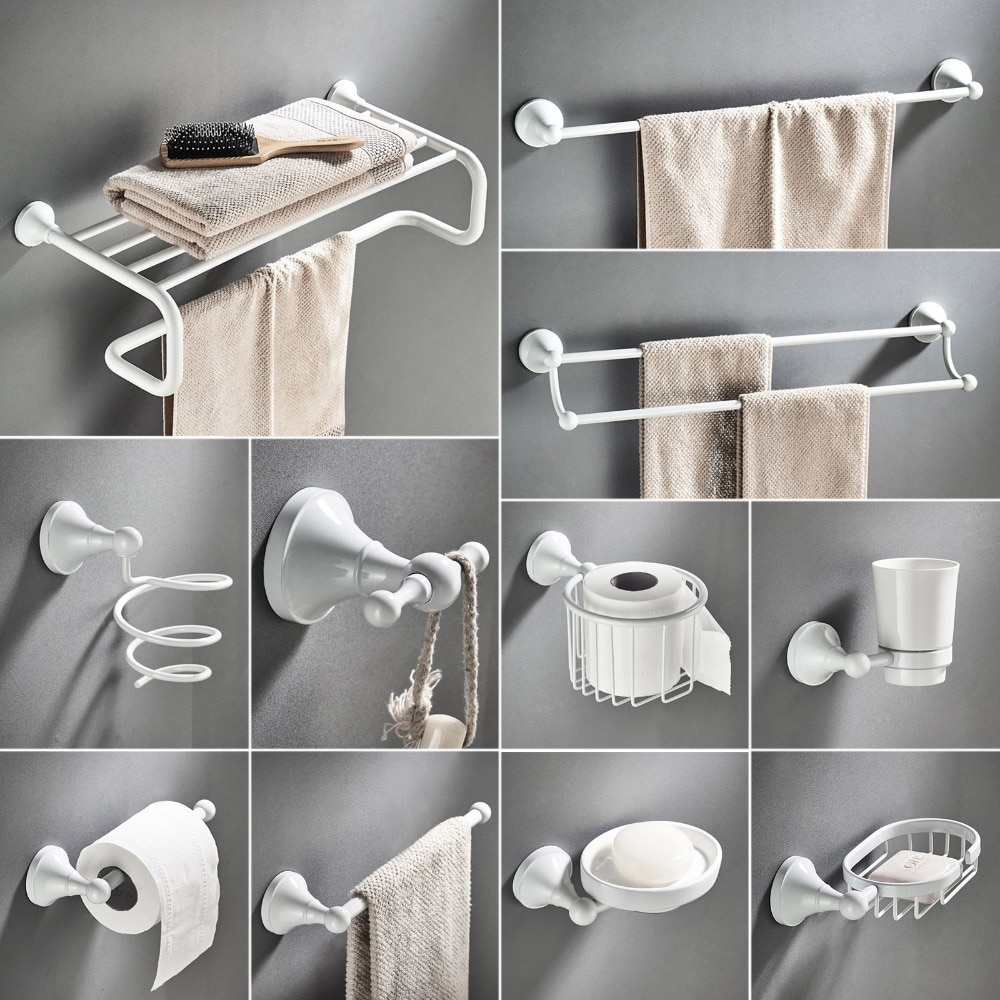 Ensemble d&#39;accessoires de salle de bain en laiton blanc, porte-savon de douche, porte-sèche-cheveux, porte-peignoir, brosse de toilette, porte-rouleau