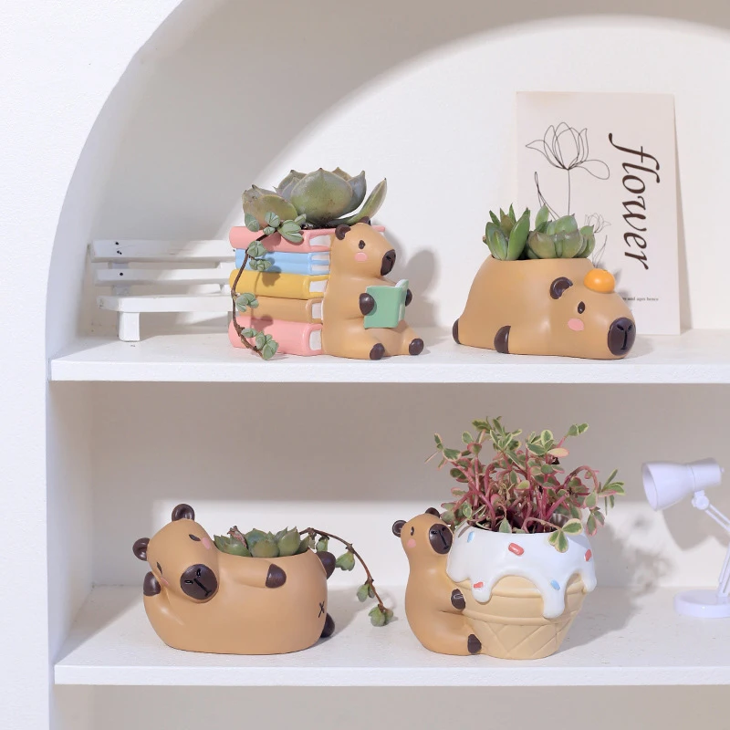 Bonito capivara pequeno vaso de plantas resina suculenta plantador para mesa escritório em casa mini ornamento jardim fadas vaso decoração