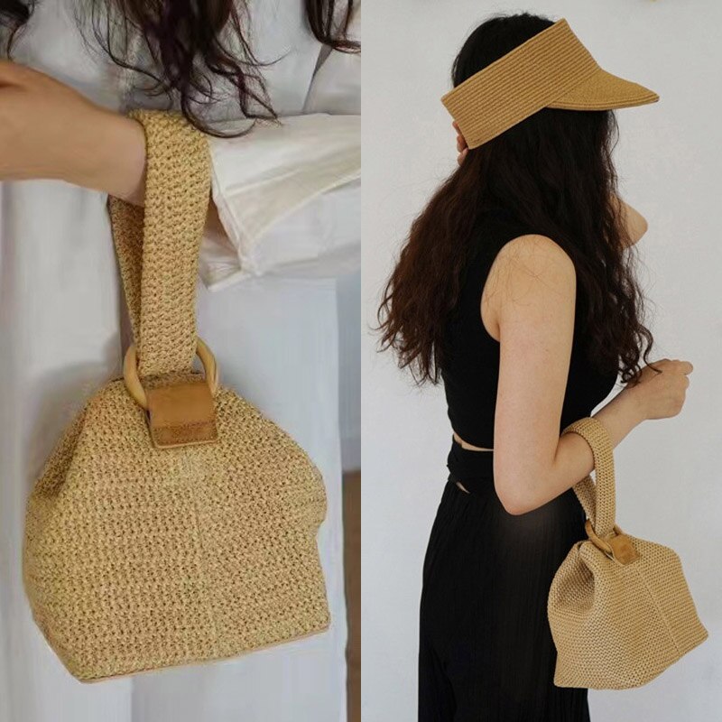 Damen Handtasche Einfache Stroh Gewebt Tasche mit Runde Schnalle für Shopping MUG88