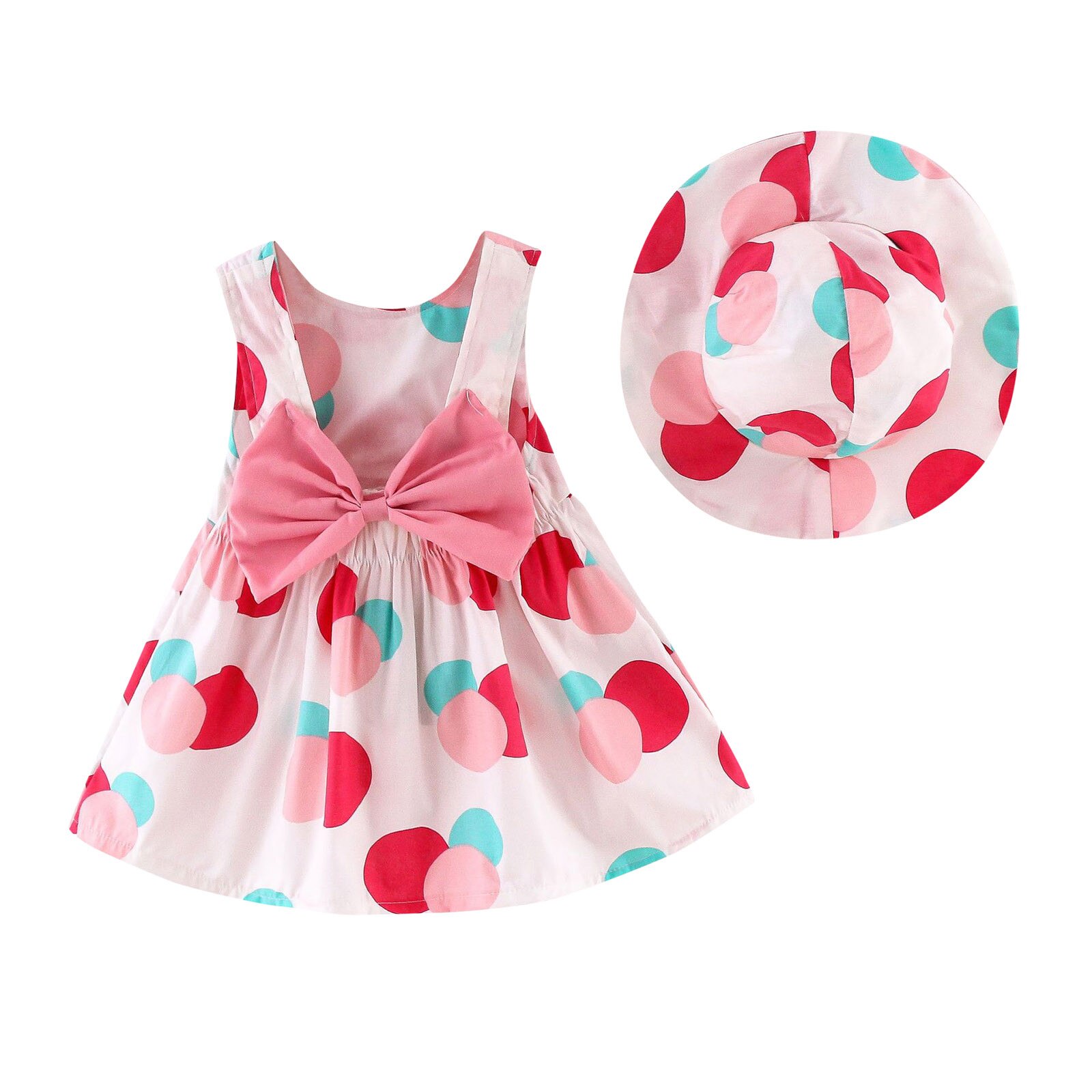 Peuter Meisjes Strik Jurk + Strooien Hoed Jurk Zomer Polka Dot Print Baby Kids Mouwloze Meisje Verjaardag Partyprincess Jurk Hoed