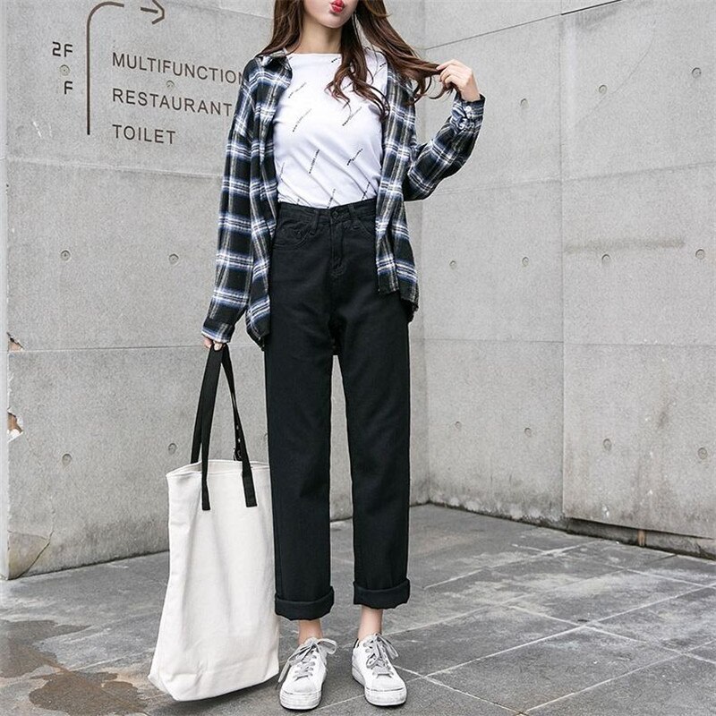 Kvinder harem jeans bukser høj talje løse hvide denim mom jeans kvindelige sorte knapper bukser forår streetwear: Sort / Xl