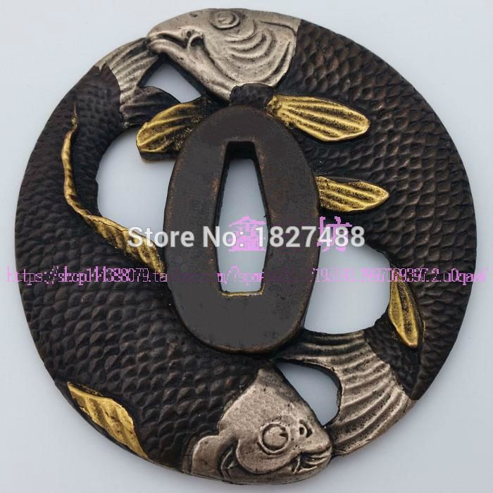 Katana-accessoires japonais de | En cuivre Tsuba WAKIZASHI, avec de poisson Double