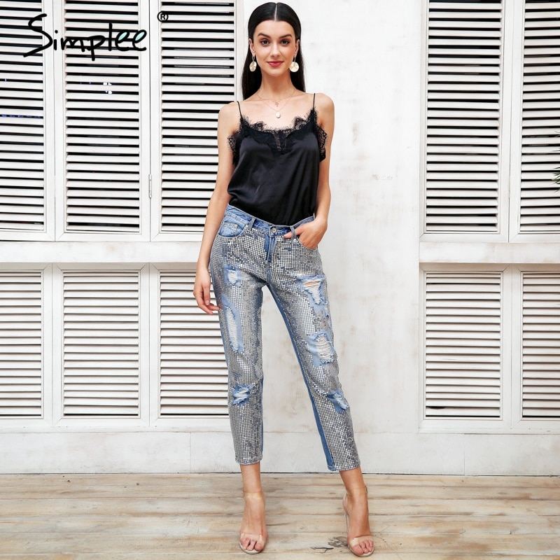 Simplee Sequin trou bleu jean femmes bas Streetwear fermeture éclair frange déchiré jean pantalon printemps pantalon ample femme denim