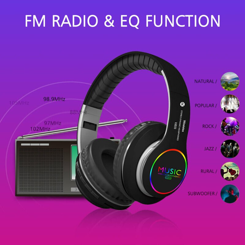 Bluetooth 5.0 Headphones - Over-Ear Wireless with LED Light & Mic - Noise Cancelling for Sport, Gaming