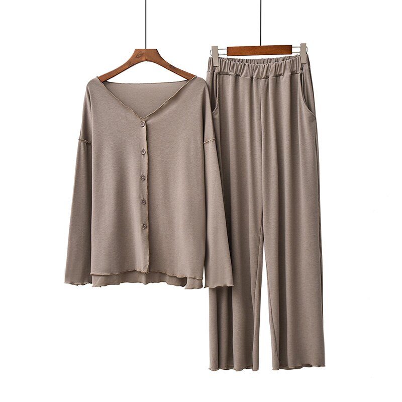 Efterår dame pyjamas sæt komfort ensfarvet kvinder sexet v-hals hjemmetøj 2 stk langærmet+bukser fritidstøj: Kaffe