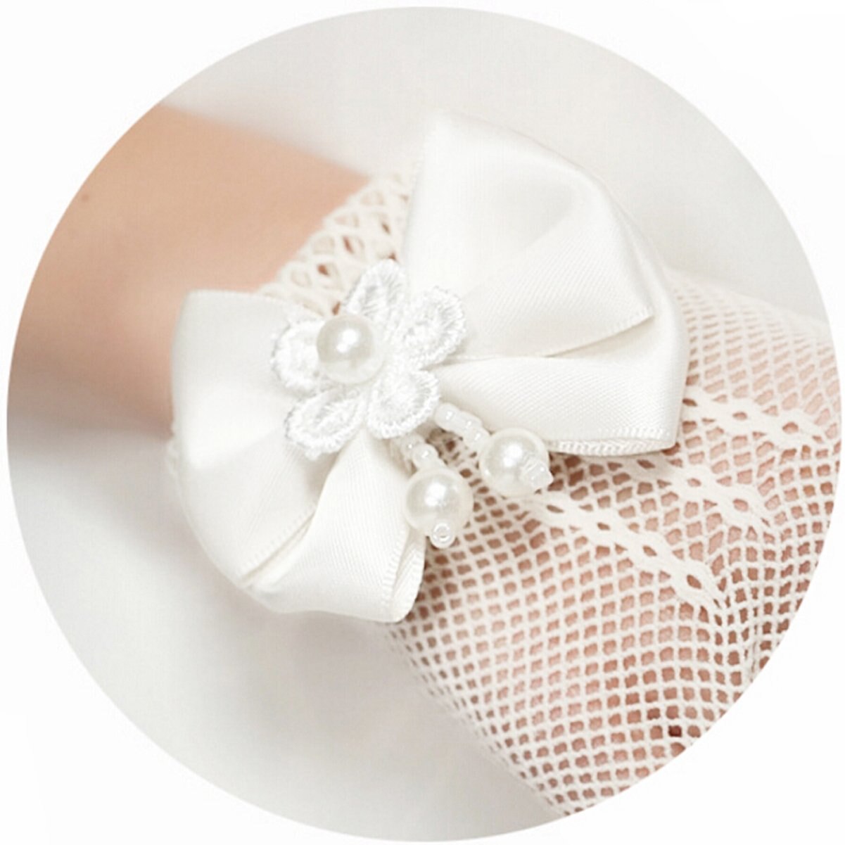 Infant Baby Children Girls Pageant Dance Princess Birthday Party Lace Gloves White Mesh Bowknot Pearls Wedding Glove Age 4~16
