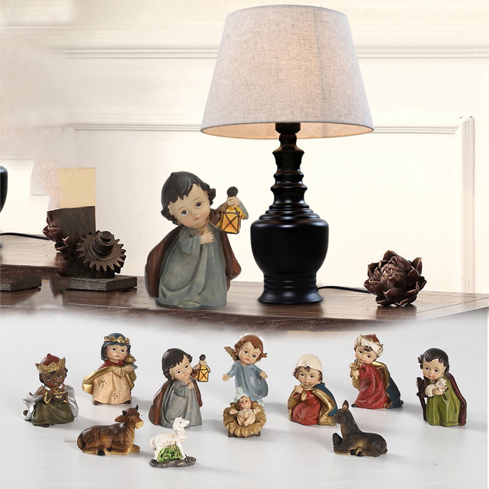 Resin Statue Nativity Set Xmas Crib Statue Baby Hand Painted Manger Miniatures Ornaments Festival
