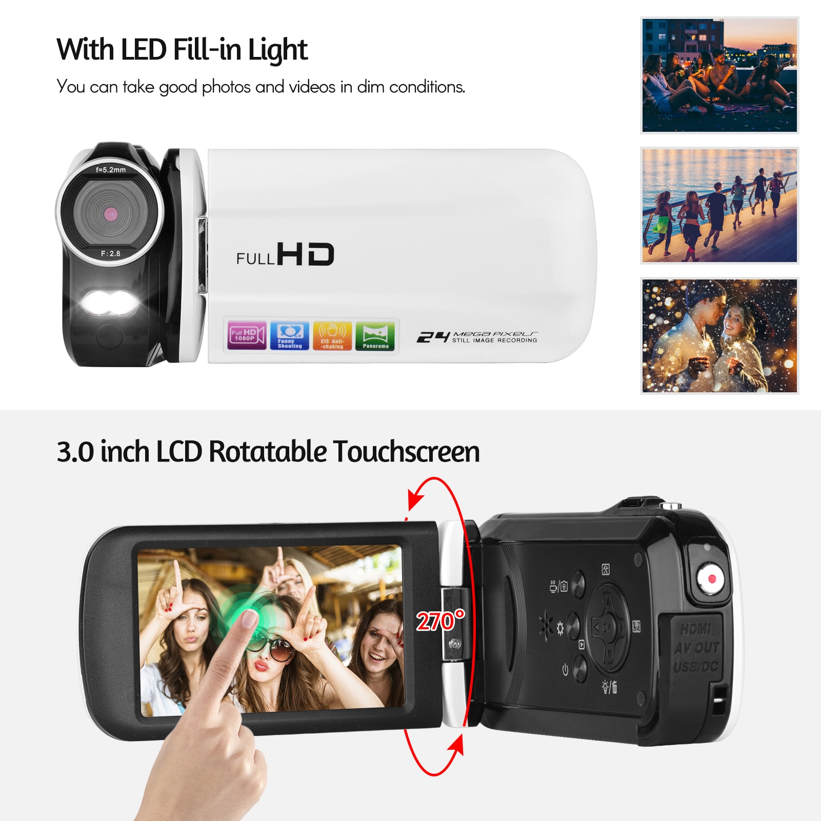 1080P Full HD Mini Digital Video Camera DV Camcorder 24MP 3 Inch Rotatable LCD Touchscreen 18X Zoom Built-in LED Fill-in Light