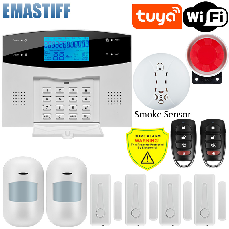 Sistema de alarma de seguridad para el hogar, cable inalámbrico WIFI GSM con Sensor de movimiento, Detector de humo para la aplicación Tuya Smart Life, funciona con Alexa y Google: G2BWI