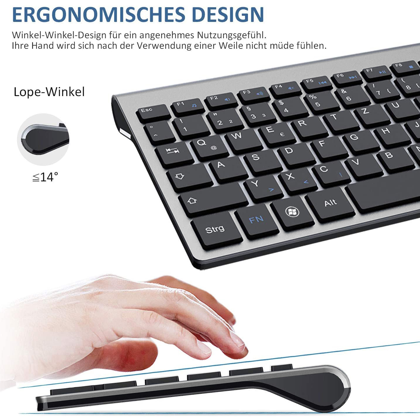 German Wireless QWERTZ Keyboard and Mouse Combo Ultra Slim 2.4G Silent Compact Scissor Key Keyboard Set for PC Laptop tv box