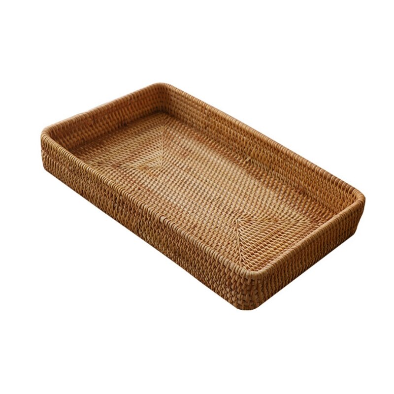 Rattan Storage Basket Rectangular Wicker Hand Woven Fruit Candy Bread Organizer: Light Yellow