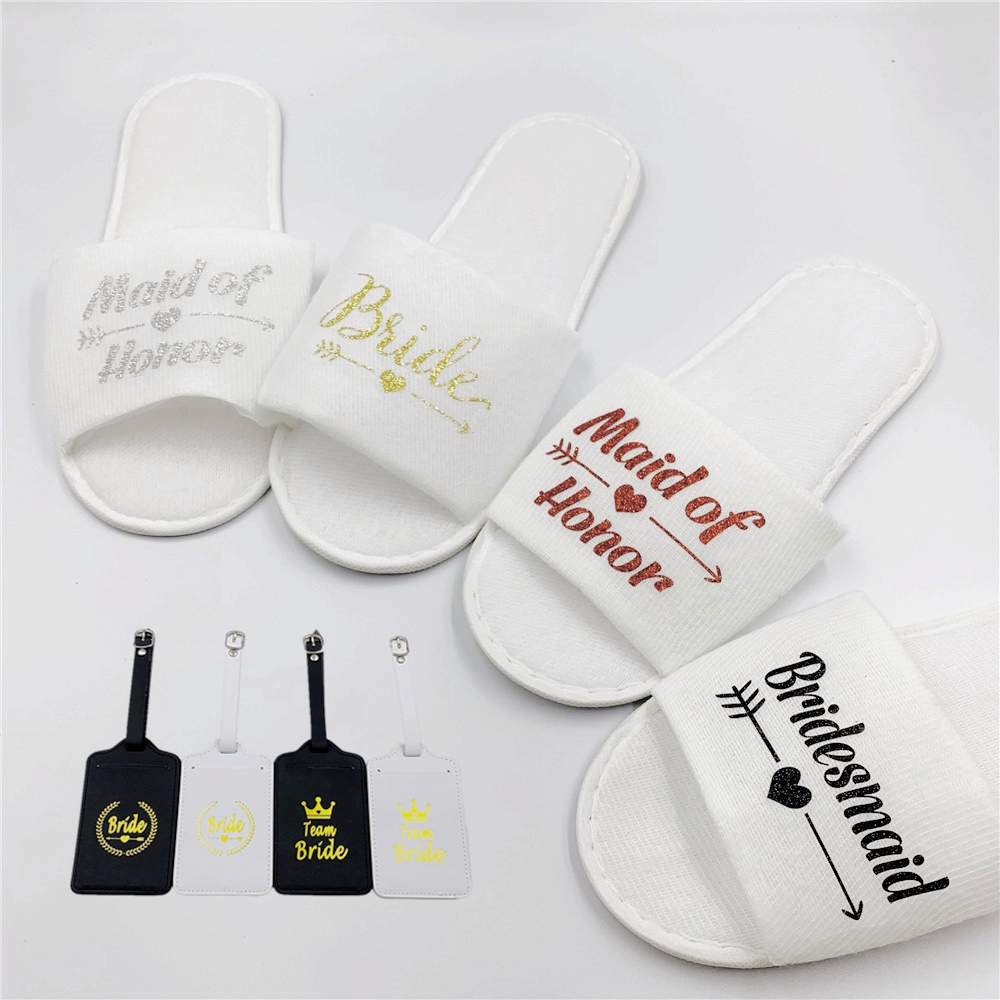 Bruiloft Decoratie Team Bruid Om Zachte Slippers Hand Band Bagagelabel Leer voor Bruids Douche Hen Night Bachelorette Party, Q