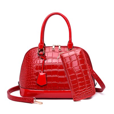 female Shell small bag Women PU leather totes bag handbags European American crocodile pattern shoulder Messenger bag: red with wallet