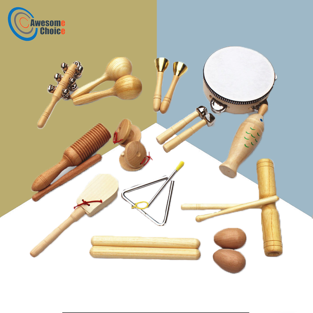 Juego de instrumentos musicales hechos de madera para niños pequeños, bolsa de transporte, juego de juguetes de percusión Musical para niños, banda de xilófono, pandereta, 10 unids/set por Set