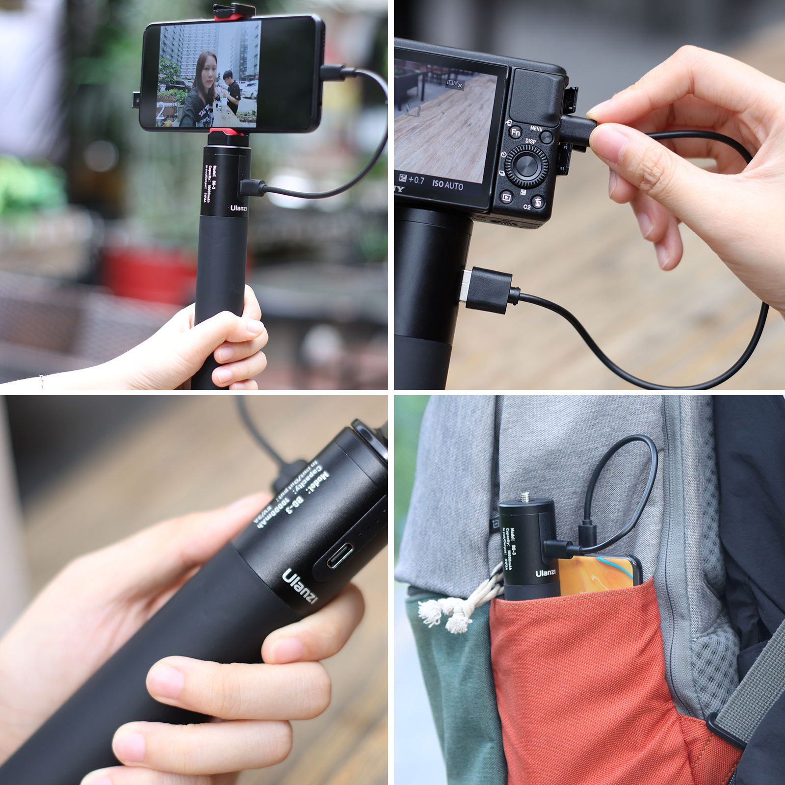 Ulanzi BG-3 Power Bank Hand Grip 10000mAh USB-A Type-C Dual Charging Ports with Mini Tripod for Smartphone Camera