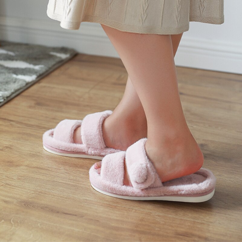 Winter Huis Effen Bont Slippers Voor Vrouwen Slaapkamer Warm Pluche Dames Platte Schoenen Comfortabele Indoor Vrouwen Furry Slipers