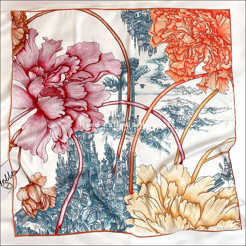 Blomstertryk manuel rullet tørklæde top satin tørklæde 90 x 90 satin firkantede tørklæder bandana 100%  silketørklæde sjaler og wraps: Stil 1-1