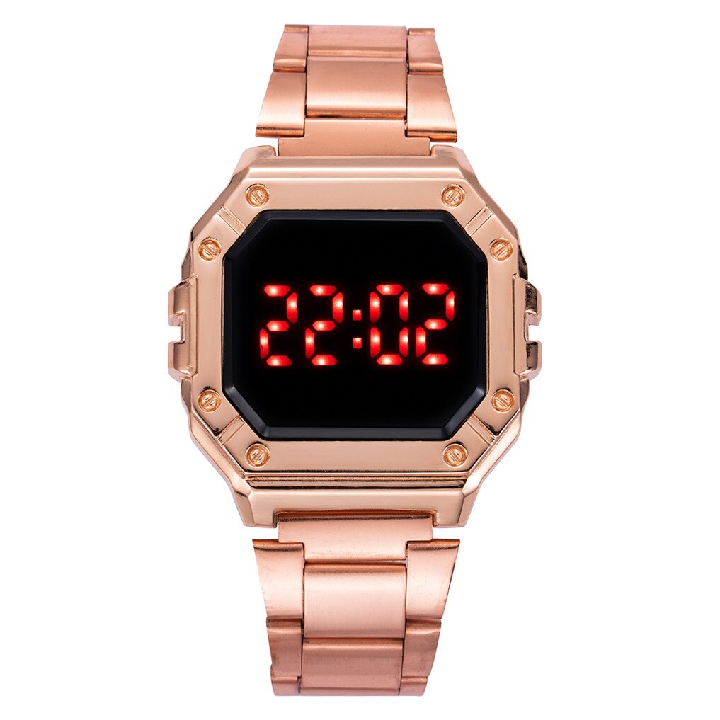 Digital Watch Women Men Unisex Luxury Stainless Steel Strap Wrist Watches Womens Alloy Dial Women&#39;s Electronic Clock Reloj Mujer: Rose Gold