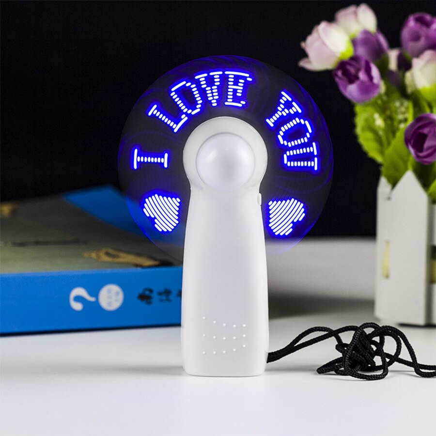 Mini batteri håndholdt blæser gadgets minifleksible led køler desktop køle blæser med tegn beskeder ord "jeg elsker dig"