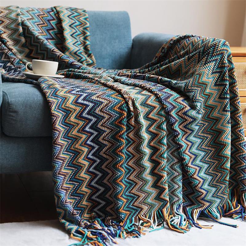 Boheme akryl strikket stribet tæppe blødt plaid tæppe sofa dekorative tæpper med kvast tæpper til sengetæppe: Blå / 127 x 152cm