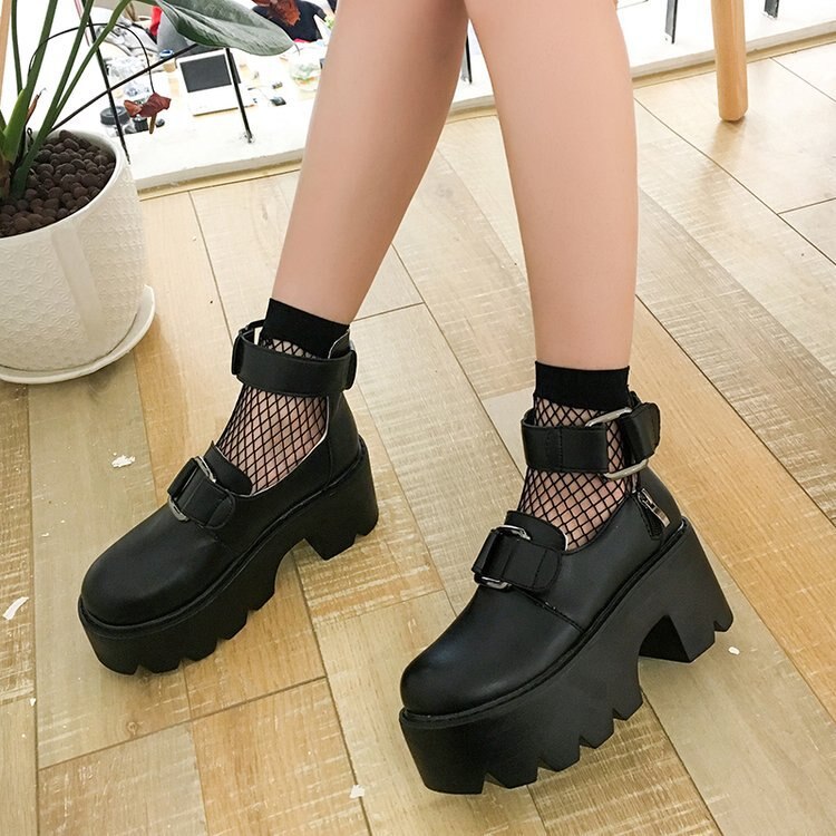 Zapatos góticos cabeza redonda zapatos Mary Jane colegiala japonesa JK uniforme de cuero PU con correa de plataforma zapatos negros impermeables – Grandado