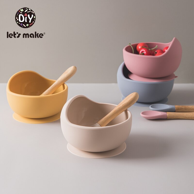 Lassen'S Machen 3 Teile/satz Baby Fütterung Geschirr einstellen Silikon Schüssel Löffel Gabel Nicht-Unterhose Schüssel Weiche Saug Befestigung Für freundlicher Baby