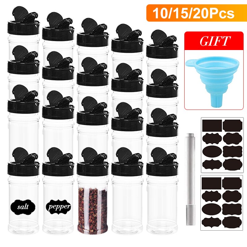 Recipiente de plástico para sal y pimienta, contenedor de especias con etiquetas sin BPA, juego de tarros de cocina, herramienta para barbacoa, 10/15/20/Uds.