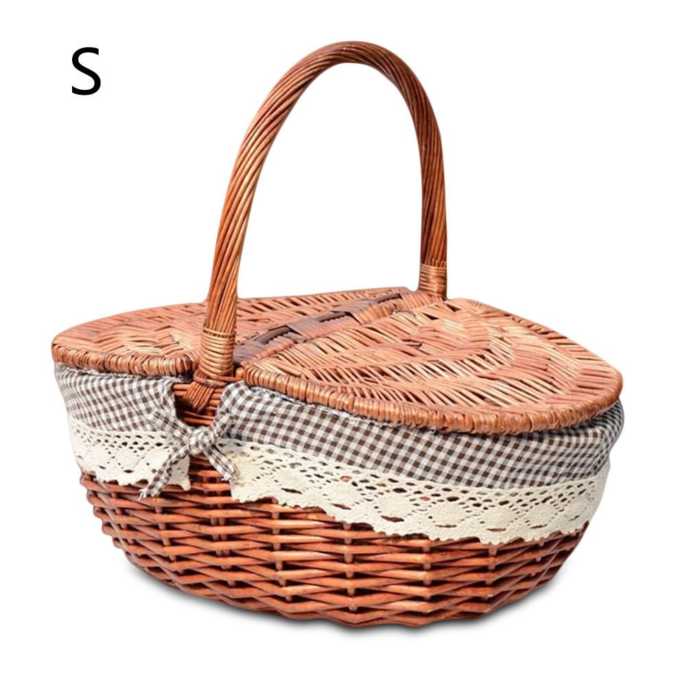 Cesta de Picnic S/L, bolsas de mimbre hechas a mano, cesto de almacenamiento de compras para Camping con tapa, cesta de comida para Picnic, cesta de almacenamiento de frutas tejida: C