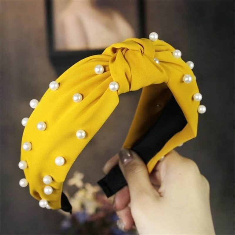 Diadema de tela satinada con cuentas de perlas para mujer, nudo de lazo para niñas, accesorios para el cabello: Yellow pearl