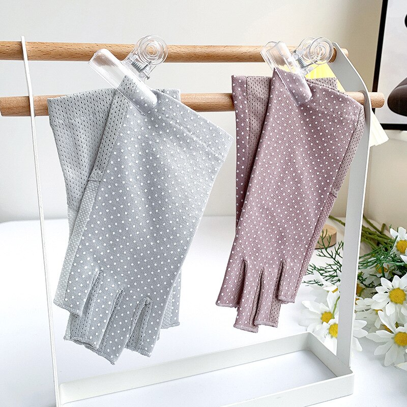 Guantes finos de algodón sin dedos para mujer, antideslizantes, transpirables, protectores solares, elásticos, de medio dedo para conducir, Verano