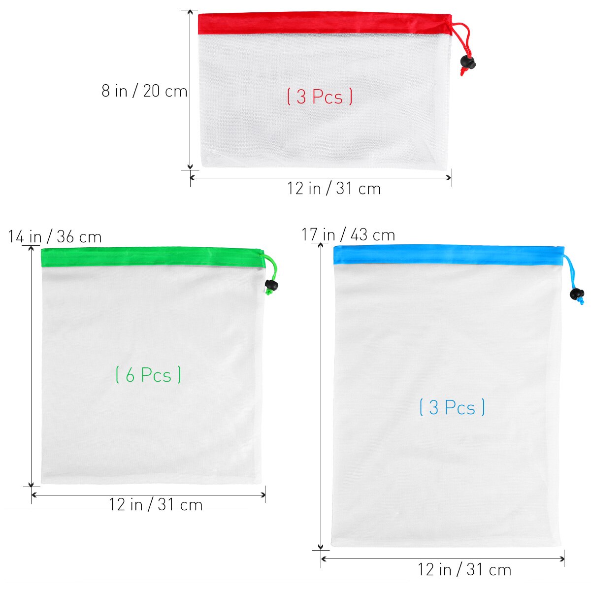 12 Pcs Herbruikbare Mesh Bags Wasbare Voor Kruidenier Opslag Fruit Groente Drie Grote 12x17in Zes Medium 12x14in Drie Kleine 12x8in