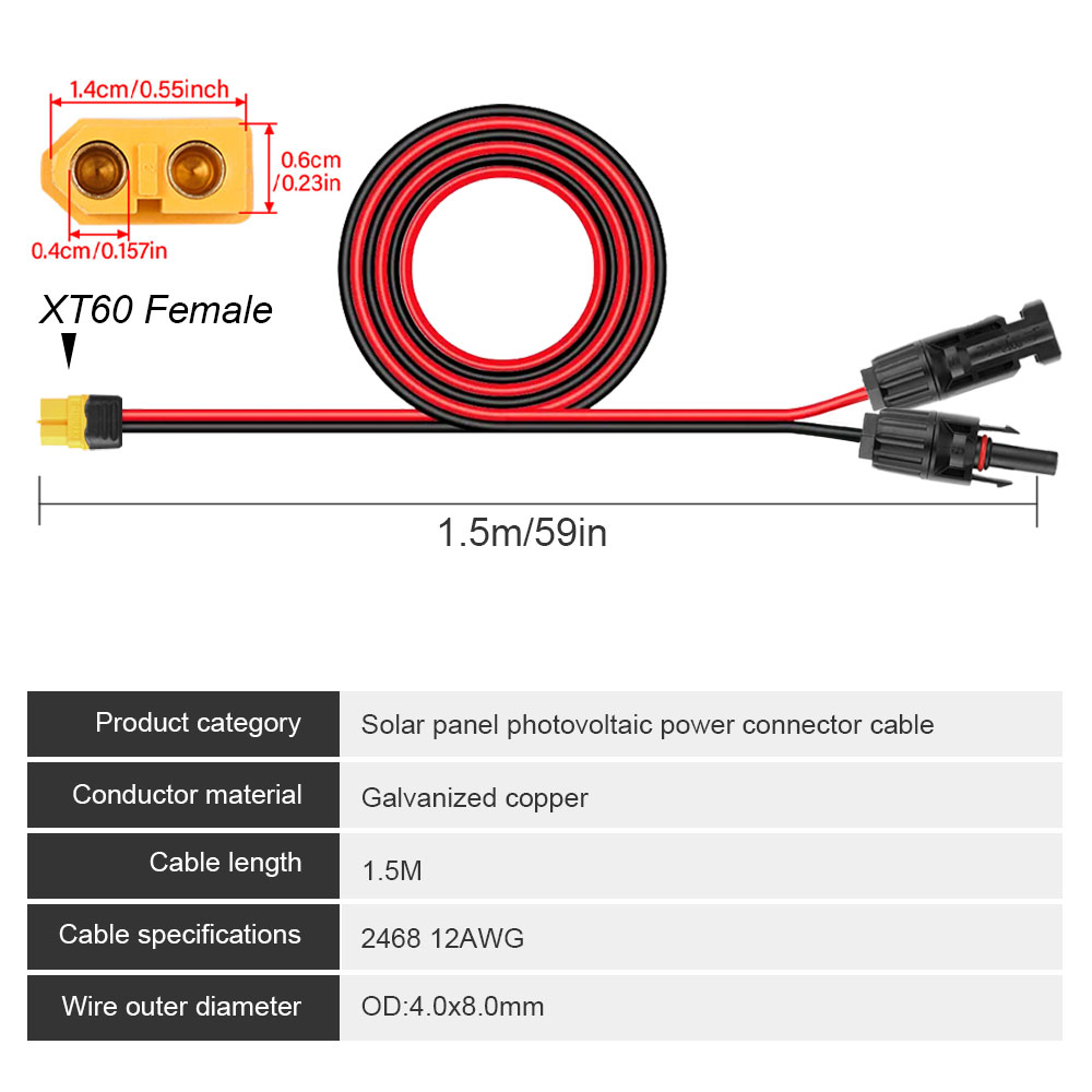 Cable de carga solar Adaptador XT60 a cable de extensión de conector hembra macho solar 12AWG 0,6/1,5/3M para paquete de batería: Gris oscuro